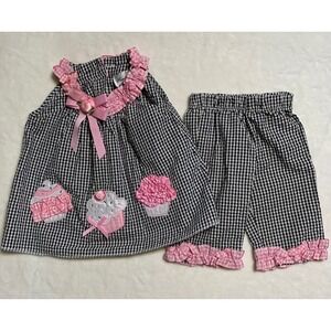 Vintage‎ Rare Editions Girls Black White Gingham Cupcake Applique Outfit Set 12M